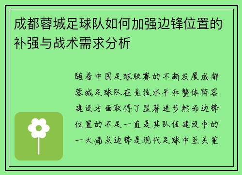 成都蓉城足球队如何加强边锋位置的补强与战术需求分析 成都蓉城足球队如何加强边锋位置的补强与战术需求分析