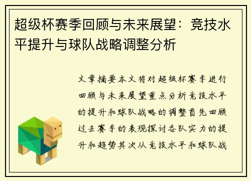 超级杯赛季回顾与未来展望：竞技水平提升与球队战略调整分析