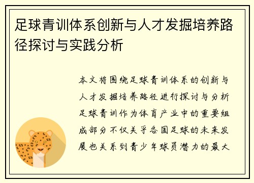 足球青训体系创新与人才发掘培养路径探讨与实践分析